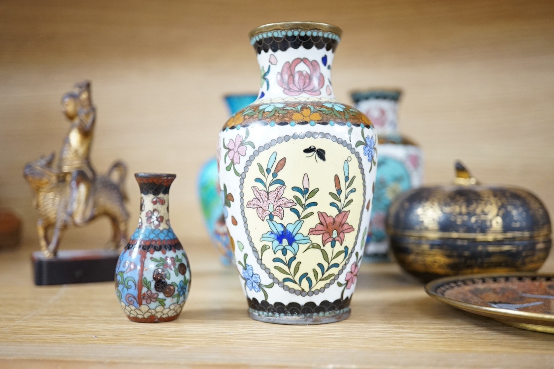 A collection of Japanese cloisonne vases to include a small ‘crane’ dish, together with a lacquered box, largest 12.5cm high. Condition - mostly fair/good